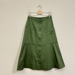 TIBI Harrison Chino Skirt Hunter Green A-Line Midi Cotton Twill